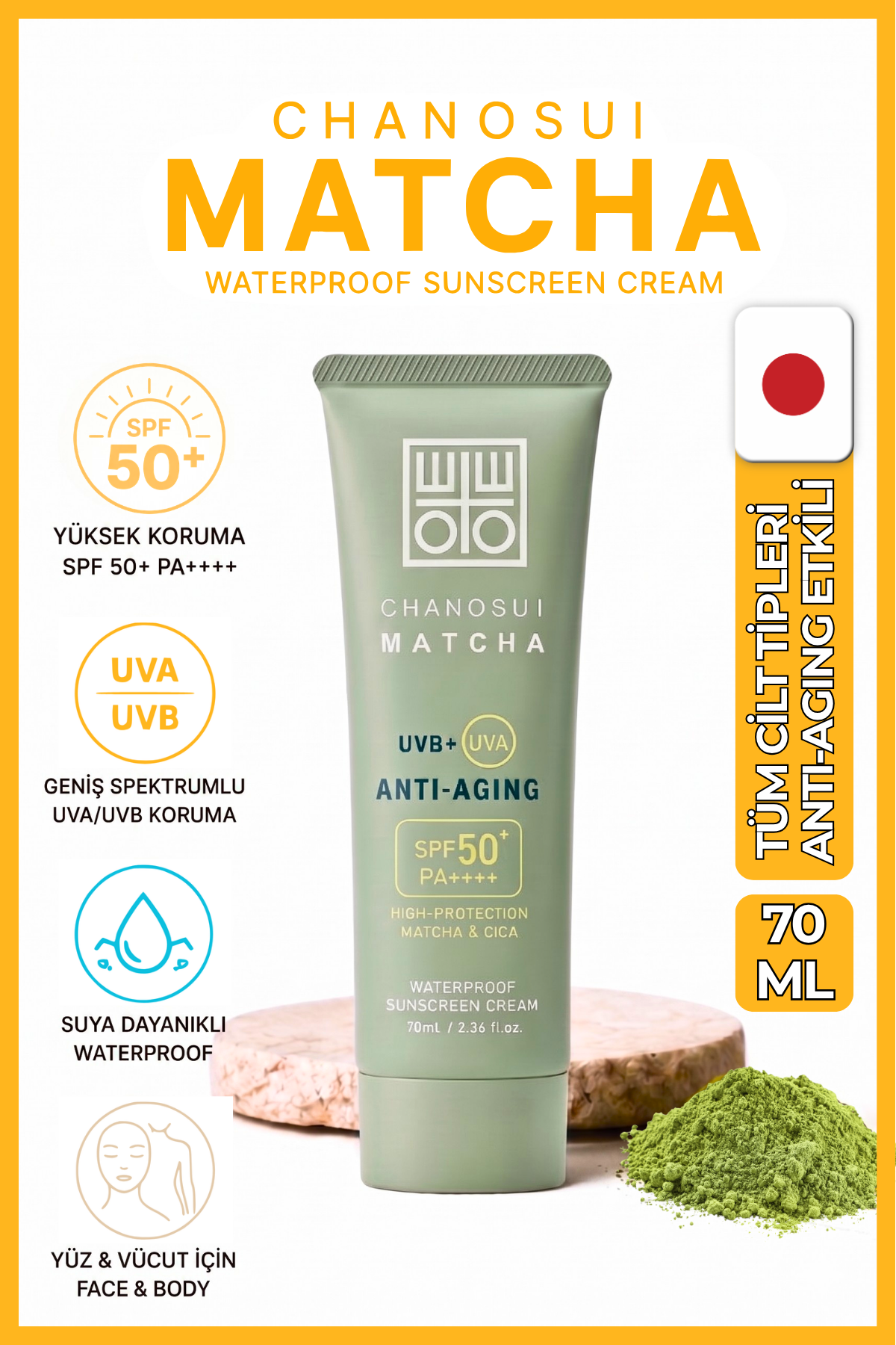 Cosmetex Roland Cha No Sui Yaşlanma Karşıtı SPF50+ Japon Matcha Özlü Tüm Cilt Tiplerine Uygun Yüz & Vücut Güneş Kremi 70 ml